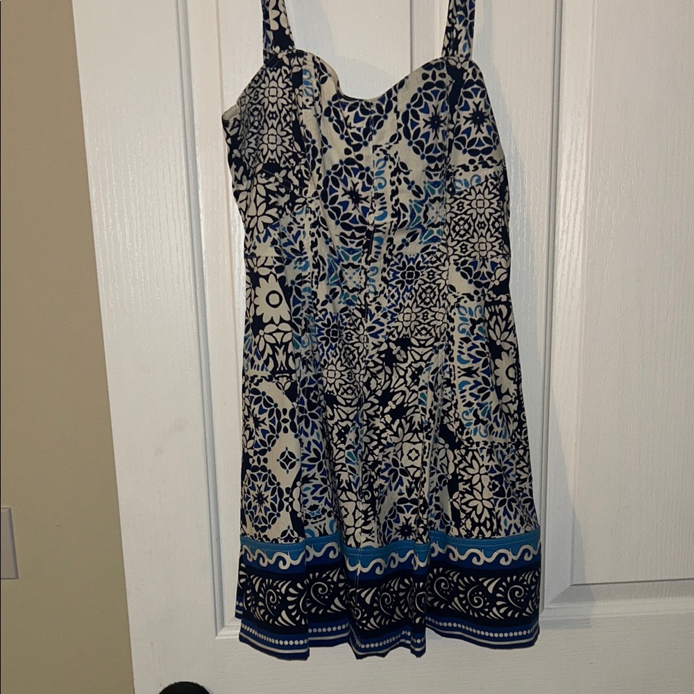 Avec Les Filles Blue and Cream Geometric Mini Dress